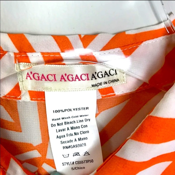 Sheer Orange And White Sleeveless Geometric Print Button-Up Top - Picture 3 of 5